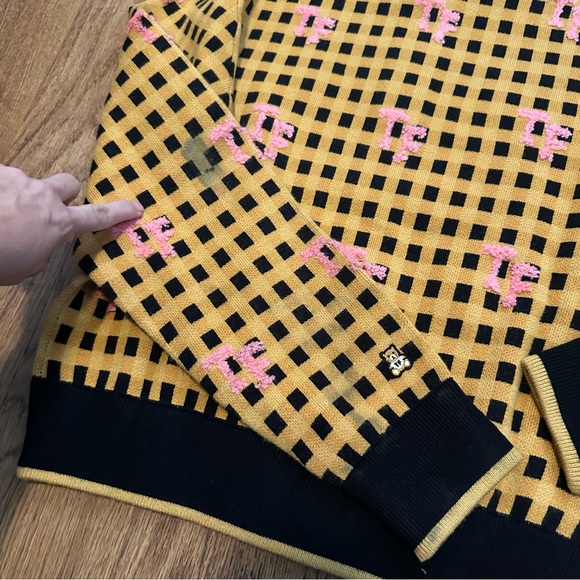 Teddy Fresh yellow Black Checkered knit Sweater size large FLAWS unique collared - Picture 9 of 11